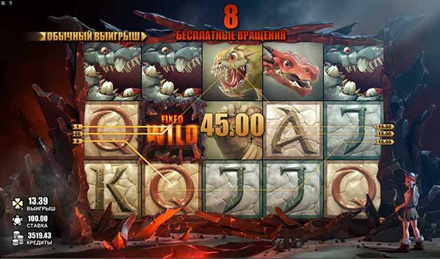 CASINO-X :: Пример игрового автомата Dragon’s Myth ("Миф о драконах") во время бесплатных вращений с FIXED WILD на 2-ом барабане